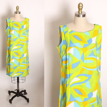 1960s Green, Blue and Orange Geometric Sleeveless Abstract Mod Shift Dress -M 