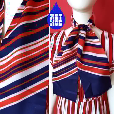 Retro Vintage 60s 70s Red White Blue Striped Long Skinny Satiny Scarf 
