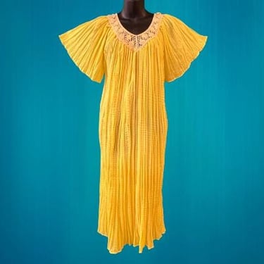 gauzy grecian dress 1970s yellow boho goddess hippie caftan bohemian trapeze gown OSFM 