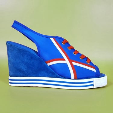 Vintage blue sneaker pumps 1970s high heel wedges sporty nylon & suede lace up open toe sling back roller girl aesthetic racing stripes (9) 