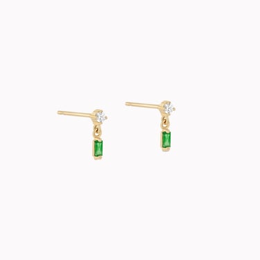 Round Diamond &amp; Baguette Emerald Drop Earrings