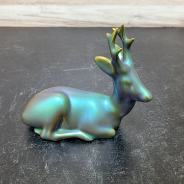 Zsolnay Deer Resting Eosin Iridized Blue and Gold Glazes - Hungarian Art Pottery 