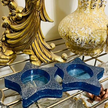 Resin Star Candle Holders Set Blue and Silver 