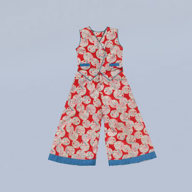1930s Beach Pajamas / 30s Cotton Jumpsuit / Abstract Print / Faux Vest Jumpsuit 