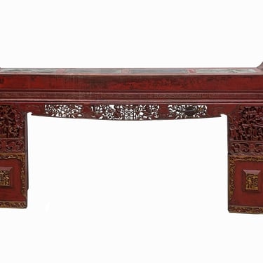 Chinese Vintage Brick Red Golden Carving Long Altar Console Table cs7756E 