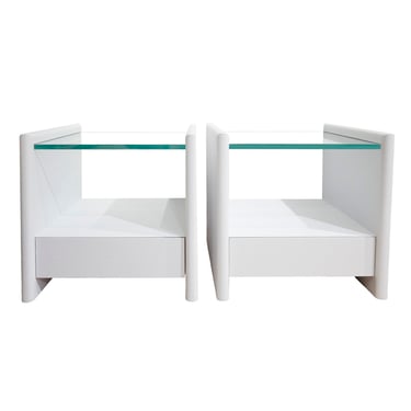 Karl Springer Pair of Gray Lacquered Linen Bedside Tables 1980s