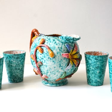 Vintage Italian Pottery Pitcher with Floral Motif and 4 Matching Cups, Made in Italy, Bitossi 