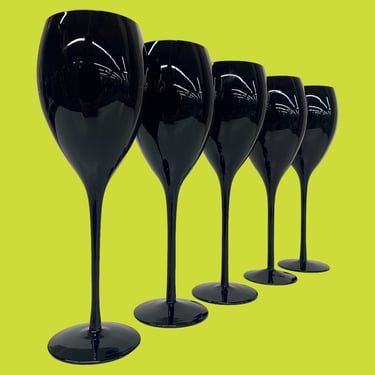 Vintage Mikasa Wine Glasses Retro 1990s Contemporary + Elite + Elegance Black + Glass + Set of 5 + 9.75" Height + Stemware + Barware + Drink 