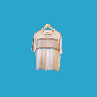70s V-Neck T-Shirt, Striped Vintage 70s Tee, Beige Blue Short Sleeve Soft Worn Tee, Oversized Loose Fit Surfer Skater Style T Shirt 