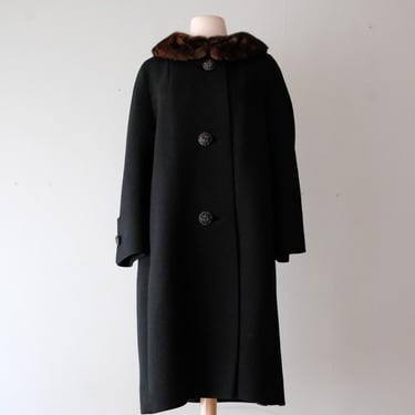 Luxurious 1960's Black Wool &amp; Mink Cocoon Coat / Sz ML