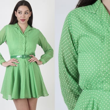 Bright Green Swiss Dot Mini Dress / Button Up Short Go Go Style Frock / Vintage 70s Dagger Collar Cocktail Party Outfit 