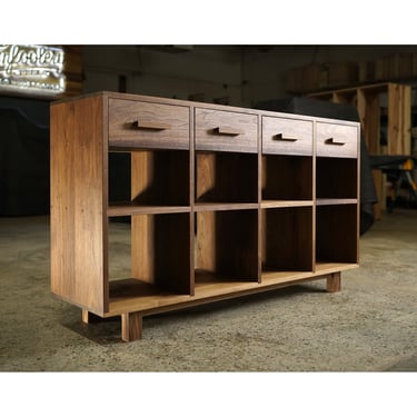 4 Drawer Storage Console, Solid Hardwood Bookshelf, Modern Bookcase (Shown in Walnut) 