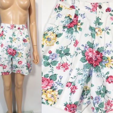 Vintage 90s Floral Cotton High Waist Shorts Made In USA Size 27 / 28 Waist 
