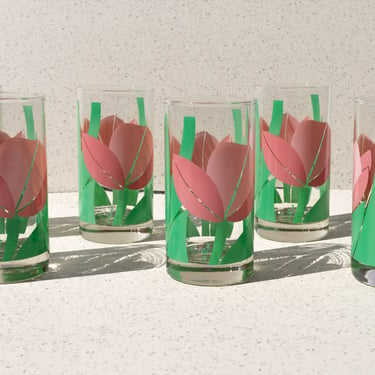 Set of 6 La Rue Pink Tulip MCM Tumblers, Vintage Drinking Glasses, Vintage Glassware 