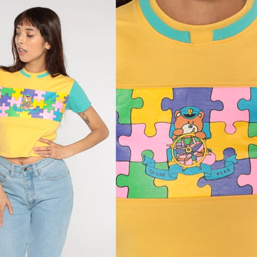 Sailor Bear T Shirt Y2k Cropped Shirt Yellow Teddy Bear Puzzle Graphic TShirt Crop Top Retro Baby Tee Cute Kawaii Vintage 00s Extra Small XS 