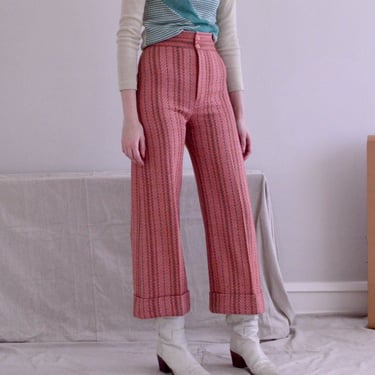 woven 70s wide leg salmon pink high waist tweed trousers 