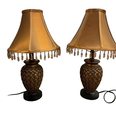 Pair of Pineapple Table Lamps w Hanging Beaded Shades EK221-160