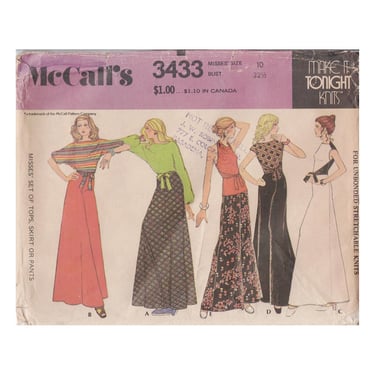 Vintage 1972 McCall's Sewing Pattern 3433, Misses' Set of Tops, Maxi Skirt or Palazzo Pants for Stretch Knits, Size 10 Bust 32 1/2 