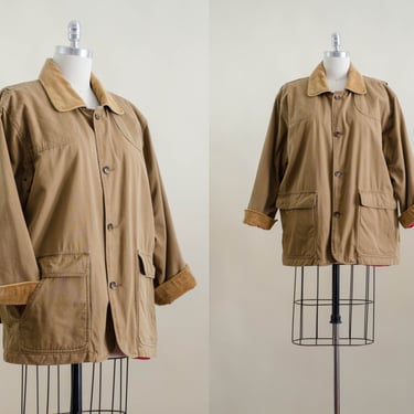 men's vintage canvas coat | 90s vintage Orvis flannel lined tan water repellent canvas corduroy utility outdoor hunting jacket 