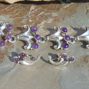 Victoria ~ Vintage Taxco Silver and Amethyst Link Bracelet and Screw Back Earrings Set - c. 1940's 