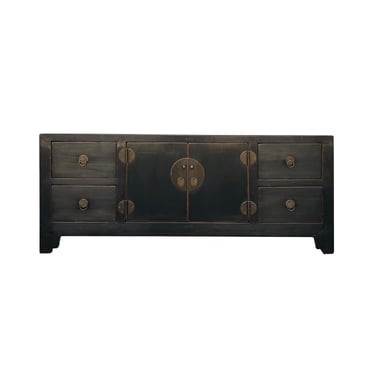 Chinese Distressed Semi Gloss Black Low TV Console Table Cabinet cs7372E 