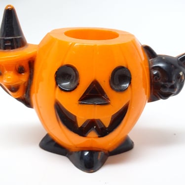 1950's Halloween Candy Container, Witch and Black Cat and Jack-o-lantern, Vintage, Retro Decor 