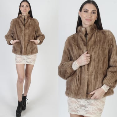 80s Autumn Haze Mink Coat, Corded Stand Up Fur Collar, Cropped Real Winter Jacket 