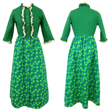 Vtg Vintage 1970s 70s Kelly Green Calico Floral Cottage Core Quilted House Dress 