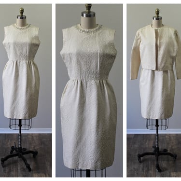Vintage 1960s 60s Jonathan Logan Ivory Damask brocade Dress bolero crop Jacket 2 piece Beading Sequins / modern US 4 6 / bridal 