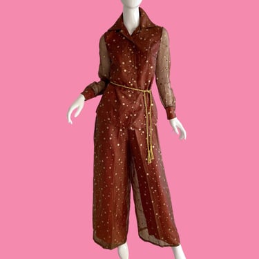 70s Vintage Metallic Palazzo Pantsuit, Deadstock NWT Greencastle Disney Pant Set , Gold Lame Geometric Party Suit Medium 