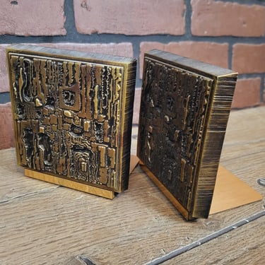 Vintage Matina Paul Evans Brutalist Wood and Metal Book Ends 