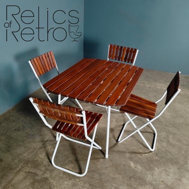 Four Daneline Style Garden Folding Chairs & Table Danish Teak Mid Century Vintage Retro MCM 