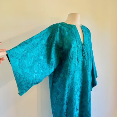 1970's Turquoise Teal Brocade Long Maxi Caftan Evening Formal Kimono Style Sleeves Bohemian Hippie 70's Loungewear Resort Size Large 
