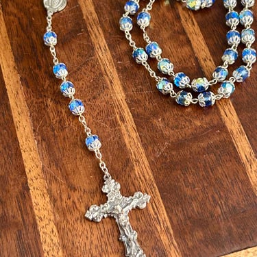 Blue Glass Rosary Aurora Borealis Beads Prayer Beads Religious Jewelry Italy 