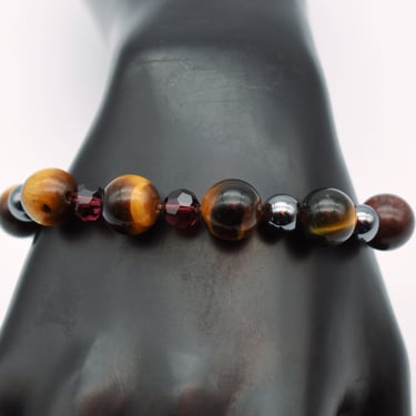 70's brown tigers eye red tiger iron hematite & crystal beads 925 sterling silver toggle clasp bracelet 