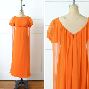 vintage 1960s 70s orange chiffon dress • formal empire waist full length caped dress 
