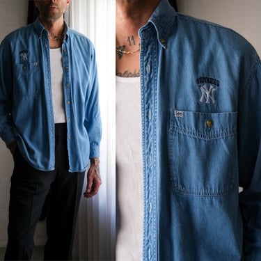 Vintage 90s LEE SPORT New York Yankees Light Wash Denim Shirt | 100% Cotton | 1990s LEE by Nutmeg Mills Denim Yankees Shirt 