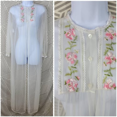 Vintage Shannon Lee Sheer Robe Nylon Medium Floral Embroidered Peignoir *FLAW* 