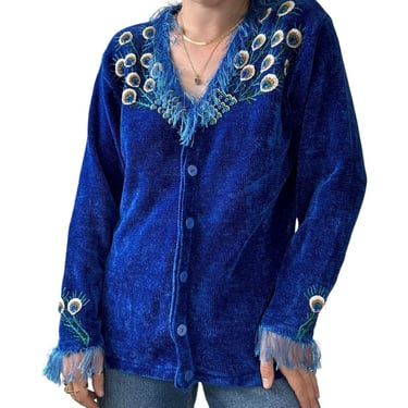 Vintage Y2K Womens Cobalt Blue Peacock Chenille Velvet Ugly Cardigan XL 