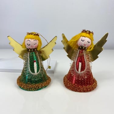 Vintage Christmas set of Angels, Tree Topper Metallic Mesh, Spun Cotton, Dresden Foil Wings, Putz Japan, Red & Green Metallic Christmas 