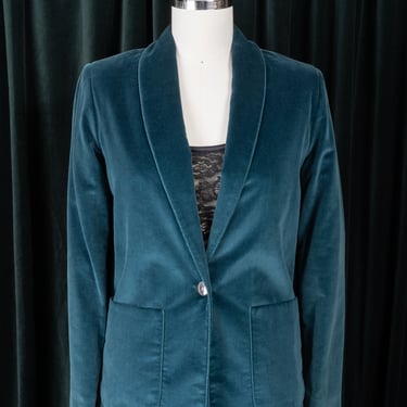 1970s Patty Woodard Teal Velvet Classic Cut Jacket with Gathered Seam Detail on Back 