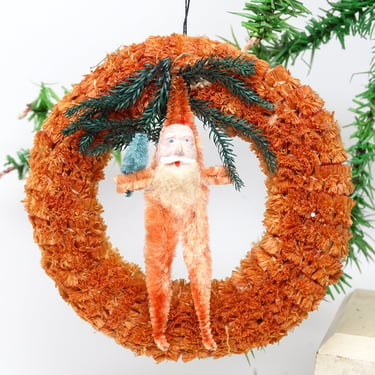 1940's Santa in Sisal Wreath Christmas Ornament, Hand Painted Clay Face, Chenille Body,  MCM Retro 