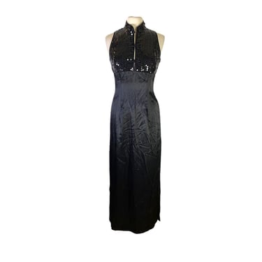 Vintage 90s Zum Zum Black Sequin Bodice Frog Closure Long Maxi Dress w Slits Size 9 