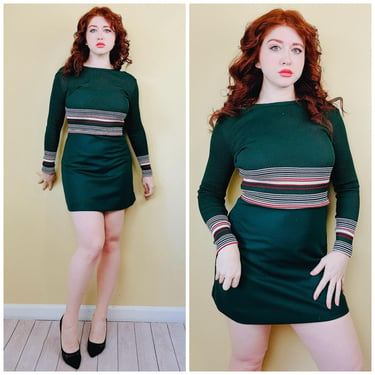 1970s Vintage Forest Green Jonathan Logan Mini Dress / 70s / Seventies Knit Stretch Striped Mod Dress / Small 