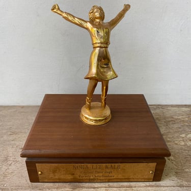 Vintage 60's Cheerleading Trophy Box, Trinket Box, Jewelry Box, Captain, Gold Tone Woman Figure Looking Up Arms Open, By Noble Trophies 