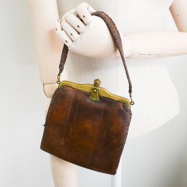 Early 1900s Brown Tooled Leather Handbag 