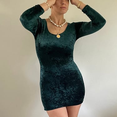 90s crushed velvet dress / vintage pine forest green stretch crushed velvet long sleeve scoop neck mini wiggle sheath dress | Small Medium 