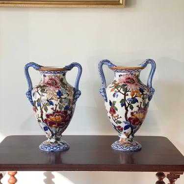 pair of vintage French Gien “pivoines” amphora vases