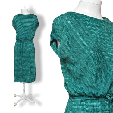 Vintage 70’s Green Sun Dress with Belted Waist Short Sleeve Summer Dress S/m 