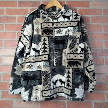 Vintage 90s Black Mountain Outdoor Outdoorsy Pattern ORIGINAL Hyper Fleece Pullover - Medium 